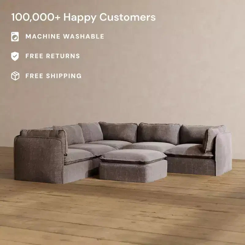 Divano angolare componibile a 5 posti Anabei lavabile + pouf | Seduta Memorix+ e cuscino Contour