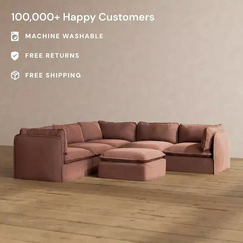 Divano angolare componibile a 5 posti Anabei lavabile + pouf | Seduta Memorix+ e cuscino Contour