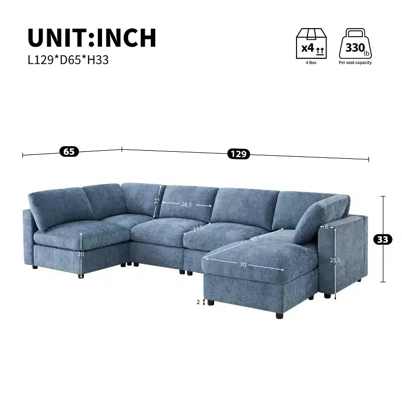 GDFStudio Hudson Divano Componibile Moderno in ciniglia a 6 Posti, a Forma di U, Convertibile con Pouf