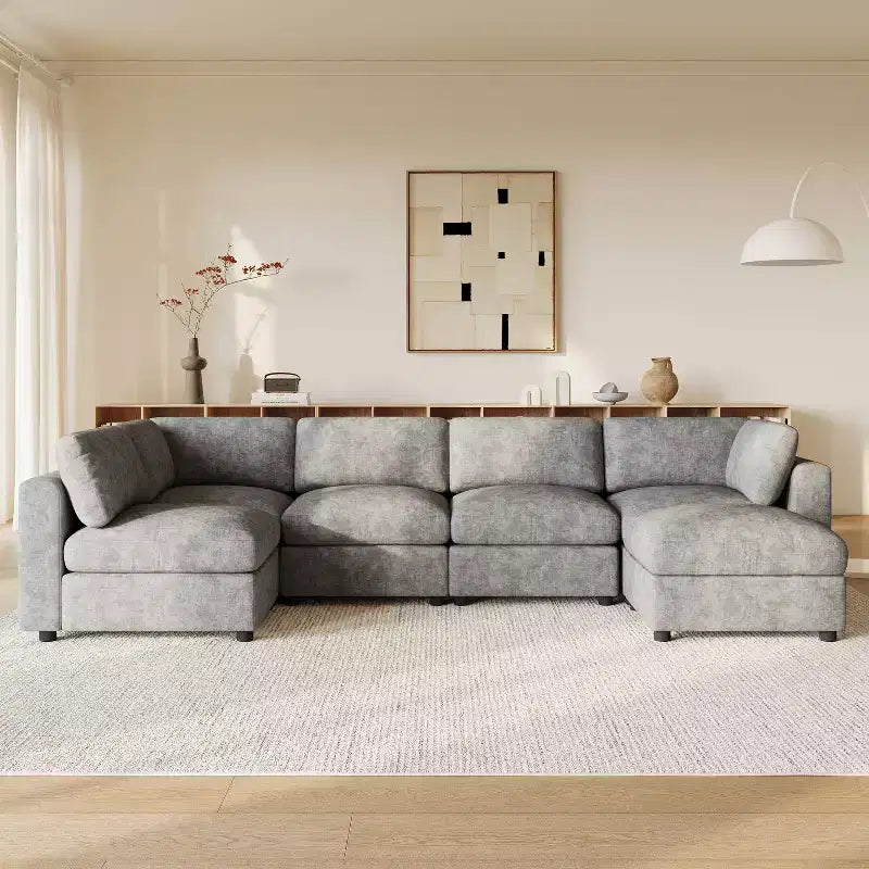 GDFStudio Hudson modernes modulares Chenille-Schlafsofa mit 6 Sitzplätzen, U-förmiges umwandelbares Sofa und Hocker