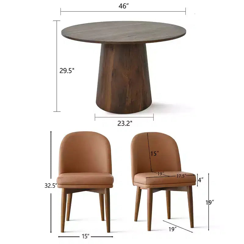 Set da pranzo rotondo da 5 pezzi, tavolo a piedistallo color noce da 46" e sedie da pranzo in similpelle marrone con gambe in legno massello per sala da pranzo-Panipeachy