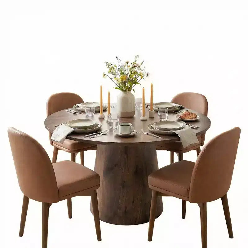 Set da pranzo rotondo da 5 pezzi, tavolo a piedistallo color noce da 46" e sedie da pranzo in similpelle marrone con gambe in legno massello per sala da pranzo-Panipeachy