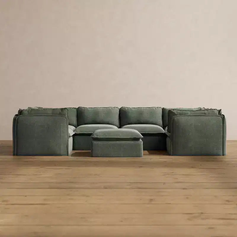 Divano componibile lavabile Anabei a U per 6 persone + pouf | Seduta Memorix+ e cuscino sagomato