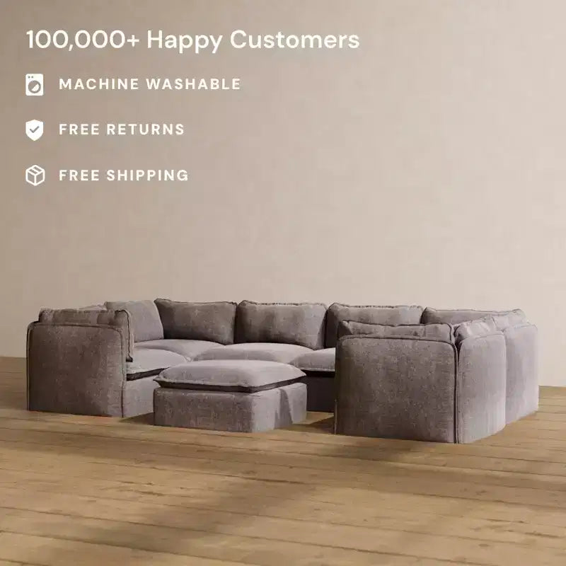 Divano componibile lavabile a 6 posti a forma di U Anabei + Pouf | Seduta Deluxe+ e Cuscino Cloud
