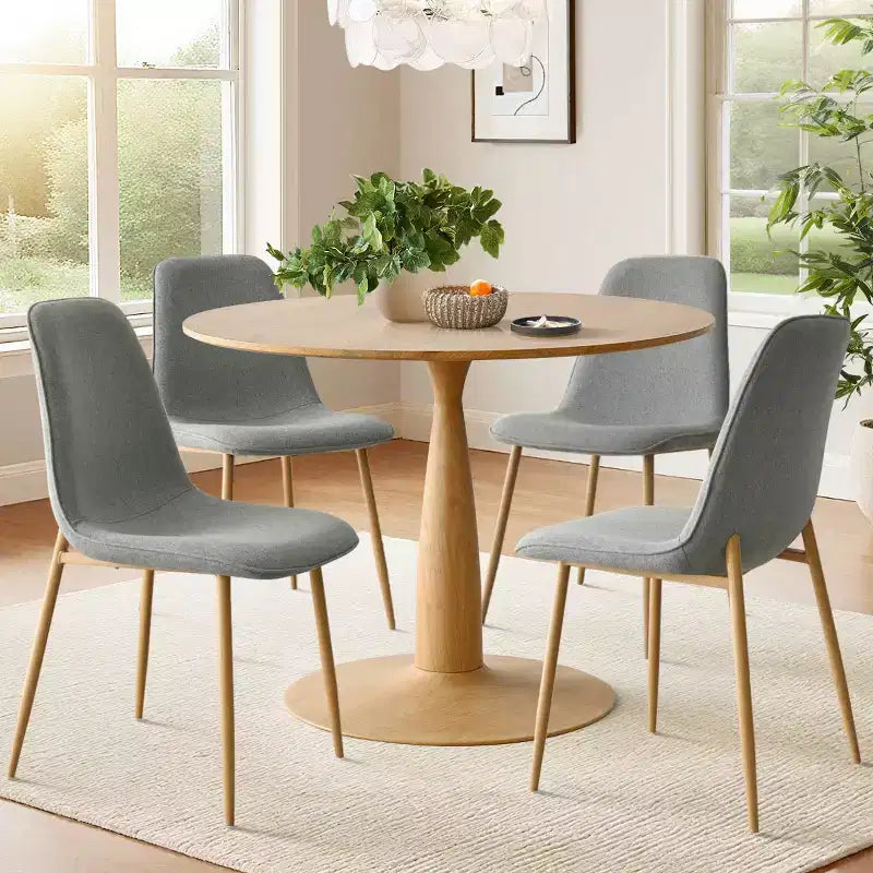 Set da pranzo rotondo da 5 pezzi, tavolo con piedistallo effetto legno da 39.5 e sedie curve imbottite, ideale per gli angoli della cucina-Panipeachy