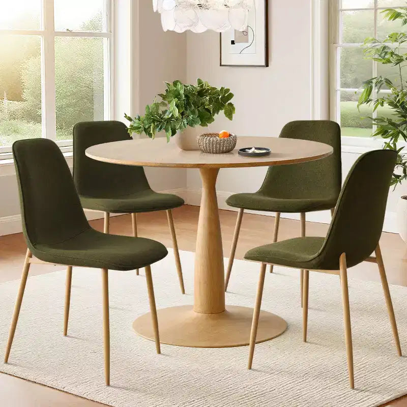 Set da pranzo rotondo da 5 pezzi, tavolo con piedistallo effetto legno da 39.5 e sedie curve imbottite, ideale per gli angoli della cucina-Panipeachy