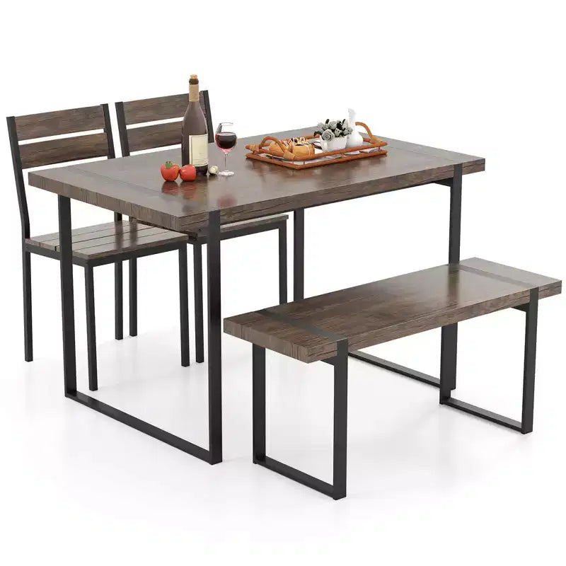 Set tavolo da pranzo Costway 47 per 4 persone, tavolo da cucina in legno con 2 sedie e panca, struttura in metallo