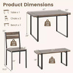Set tavolo da pranzo Costway 47 per 4 persone, tavolo da cucina in legno con 2 sedie e panca, struttura in metallo