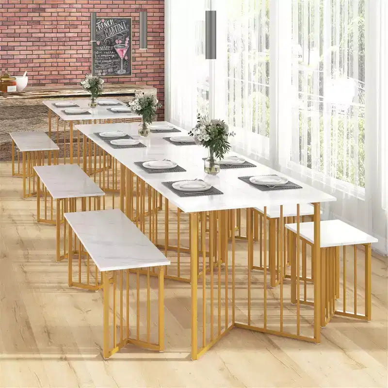 Costway Set da Pranzo 4 Pezzi con Tavolo da Cucina, Panca e 2 Sgabelli con Gambe in Metallo a Forma di Ala