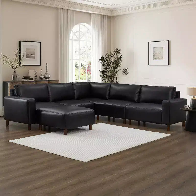 GDFStudio Darcy 104 Modern 5-Seat Faux Leather Upholstered Sectional Sofa with Ottoman