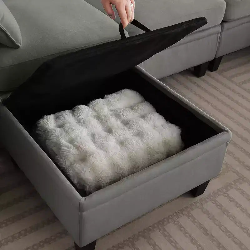 Divano Sezionale a L Contemporaneo GDFStudio Lancelot 85 pollici Rivestito in Ciniglia con Pouf Contenitore