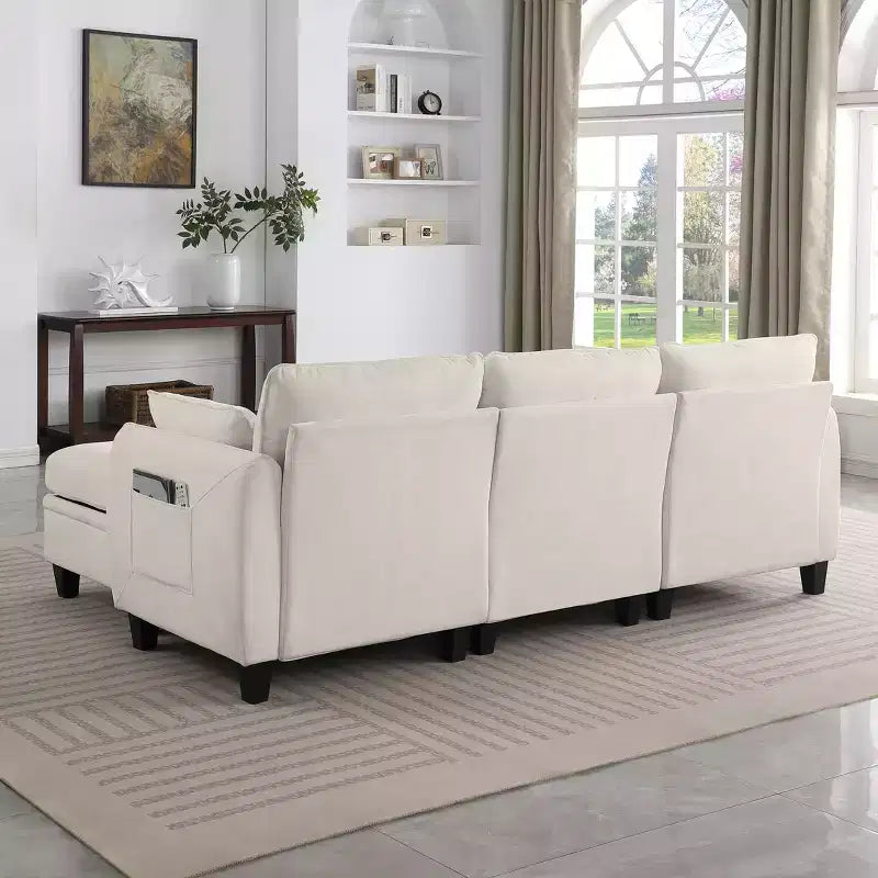 Divano Sezionale a L Contemporaneo GDFStudio Lancelot 85 pollici Rivestito in Ciniglia con Pouf Contenitore