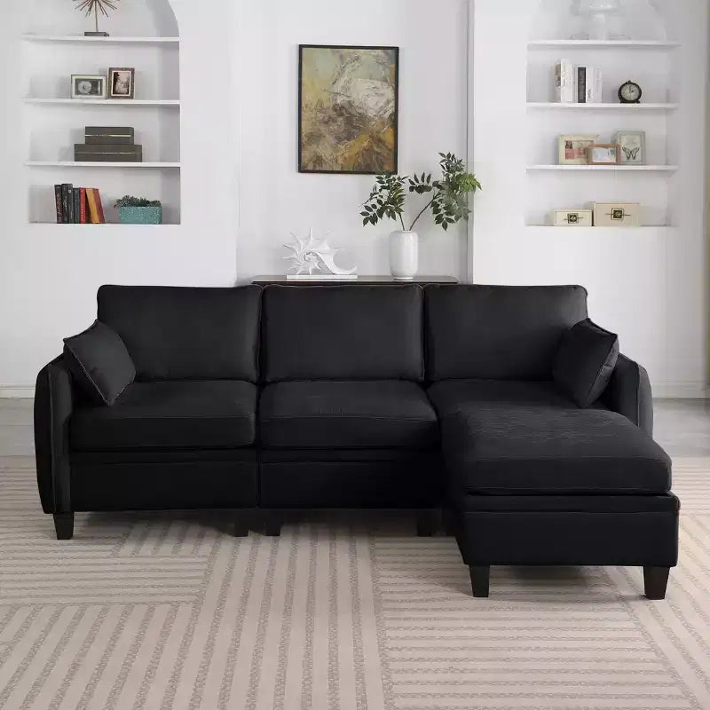 Sofá seccional em L estofado em chenille contemporâneo GDFStudio Lancelot de 85 polegadas, com pufe de arrumação