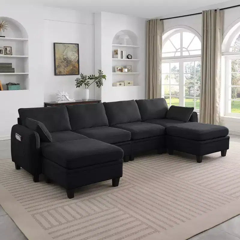 Sofá modular de canto em U GDFStudio Lancelot de 109 polegadas, contemporâneo, de 6 lugares, estofado em chenille, com pufe com arrumação