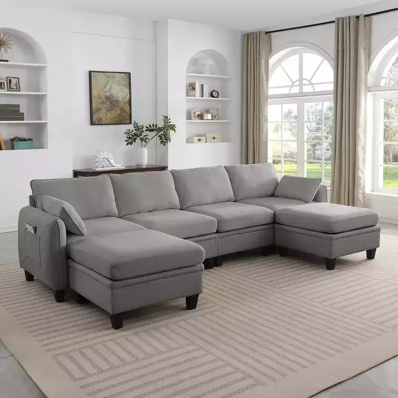 Sofá modular de canto em U GDFStudio Lancelot de 109 polegadas, contemporâneo, de 6 lugares, estofado em chenille, com pufe com arrumação