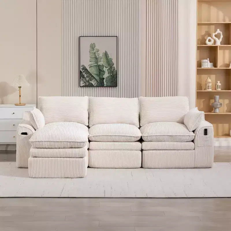 Divano angolare a L, divano in velluto a coste con pouf mobile, divano modulare ad angolo compresso per soggiorno - ModernLuxe