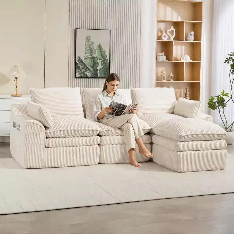 Divano angolare a L, divano in velluto a coste con pouf mobile, divano modulare ad angolo compresso per soggiorno - ModernLuxe