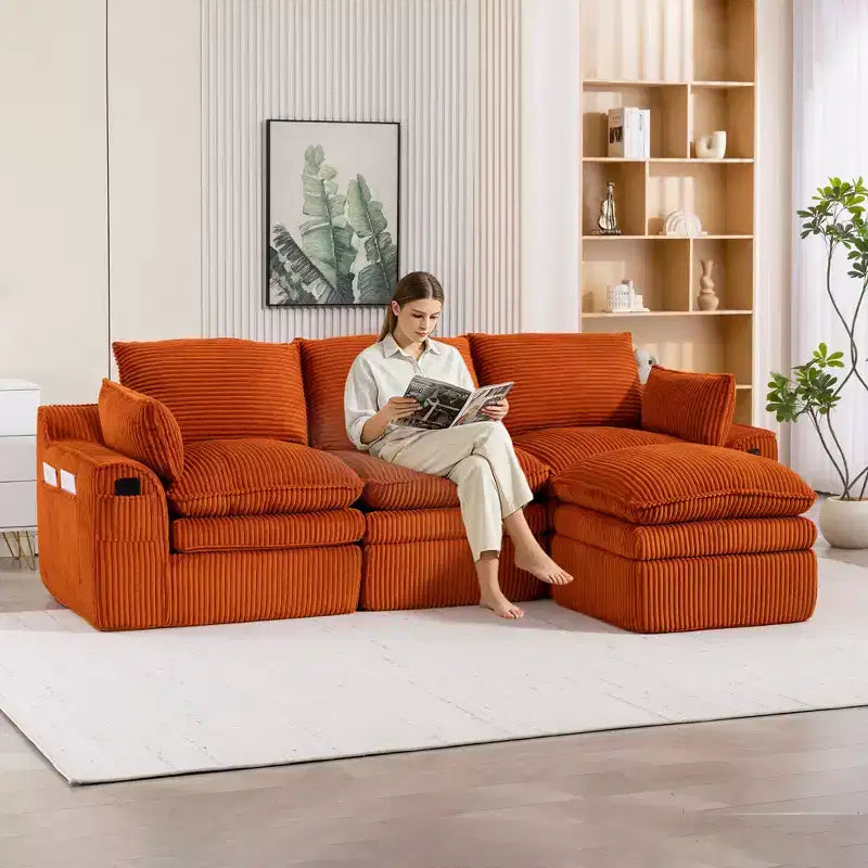 Divano angolare a L, divano in velluto a coste con pouf mobile, divano modulare ad angolo compresso per soggiorno - ModernLuxe