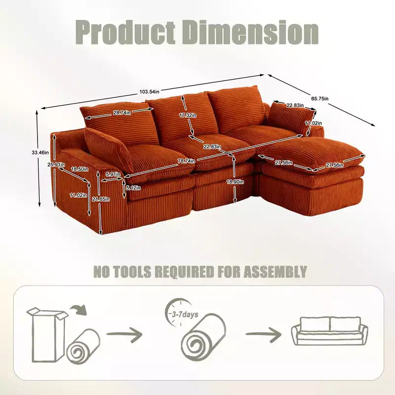 Divano angolare a L, divano in velluto a coste con pouf mobile, divano modulare ad angolo compresso per soggiorno - ModernLuxe