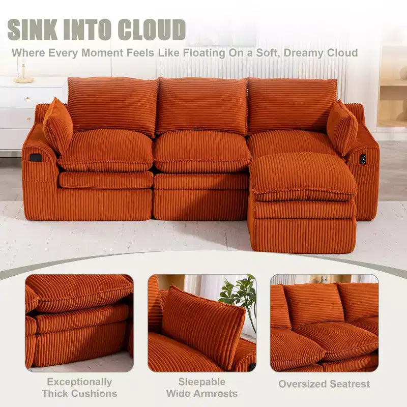 Divano angolare a L, divano in velluto a coste con pouf mobile, divano modulare ad angolo compresso per soggiorno - ModernLuxe