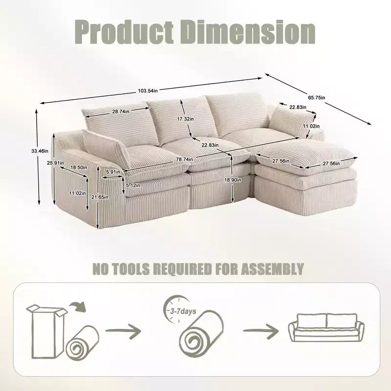 Divano angolare a L, divano in velluto a coste con pouf mobile, divano modulare ad angolo compresso per soggiorno - ModernLuxe