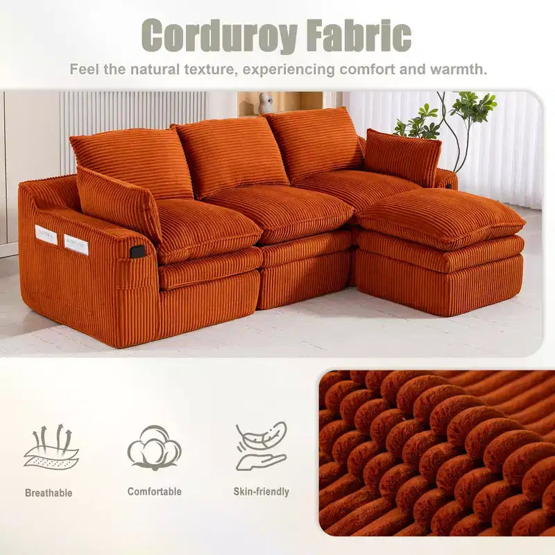 Divano angolare a L, divano in velluto a coste con pouf mobile, divano modulare ad angolo compresso per soggiorno - ModernLuxe