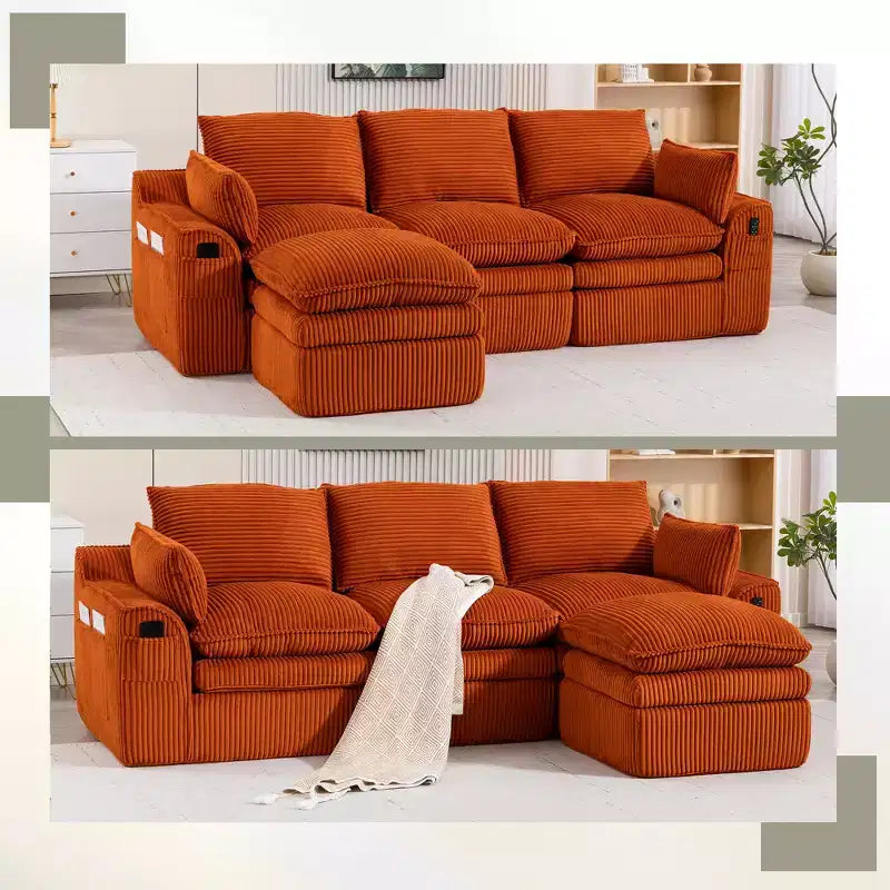 Divano angolare a L, divano in velluto a coste con pouf mobile, divano modulare ad angolo compresso per soggiorno - ModernLuxe