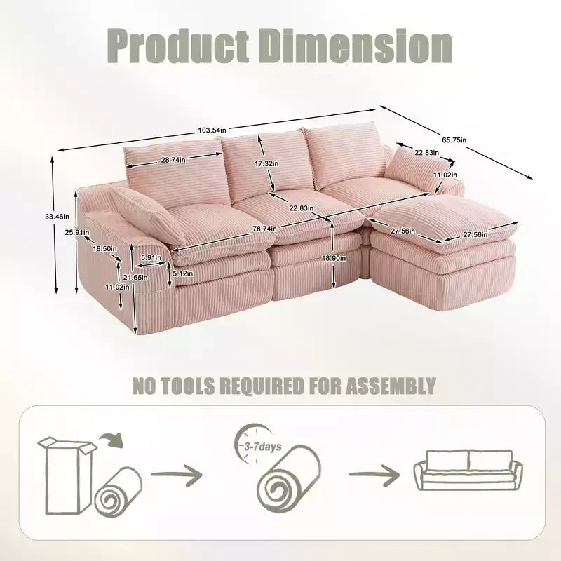Divano angolare a L, divano in velluto a coste con pouf mobile, divano modulare ad angolo compresso per soggiorno - ModernLuxe