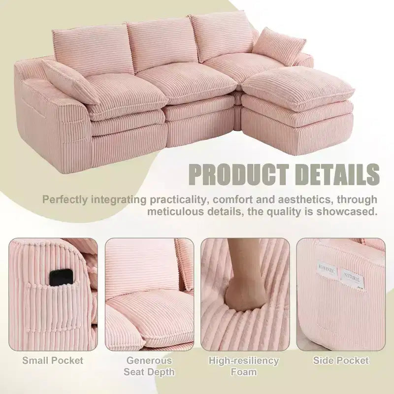 Divano angolare a L, divano in velluto a coste con pouf mobile, divano modulare ad angolo compresso per soggiorno - ModernLuxe