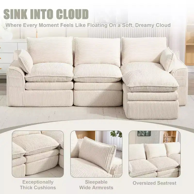 Divano angolare a L, divano in velluto a coste con pouf mobile, divano modulare ad angolo compresso per soggiorno - ModernLuxe