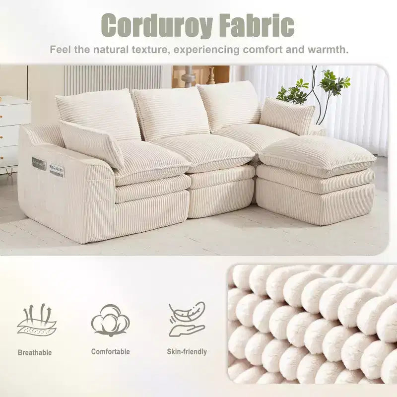 Divano angolare a L, divano in velluto a coste con pouf mobile, divano modulare ad angolo compresso per soggiorno - ModernLuxe