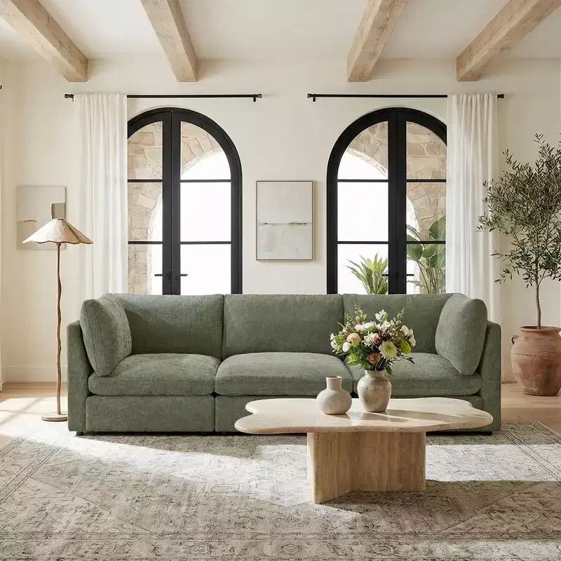 Morden Fort Divano componibile a sezione modulare da 355 cm con pouf contenitore, divano a nuvola a forma di U con seduta profonda da 56 cm, divano sezionale moderno in ciniglia per soggiorno