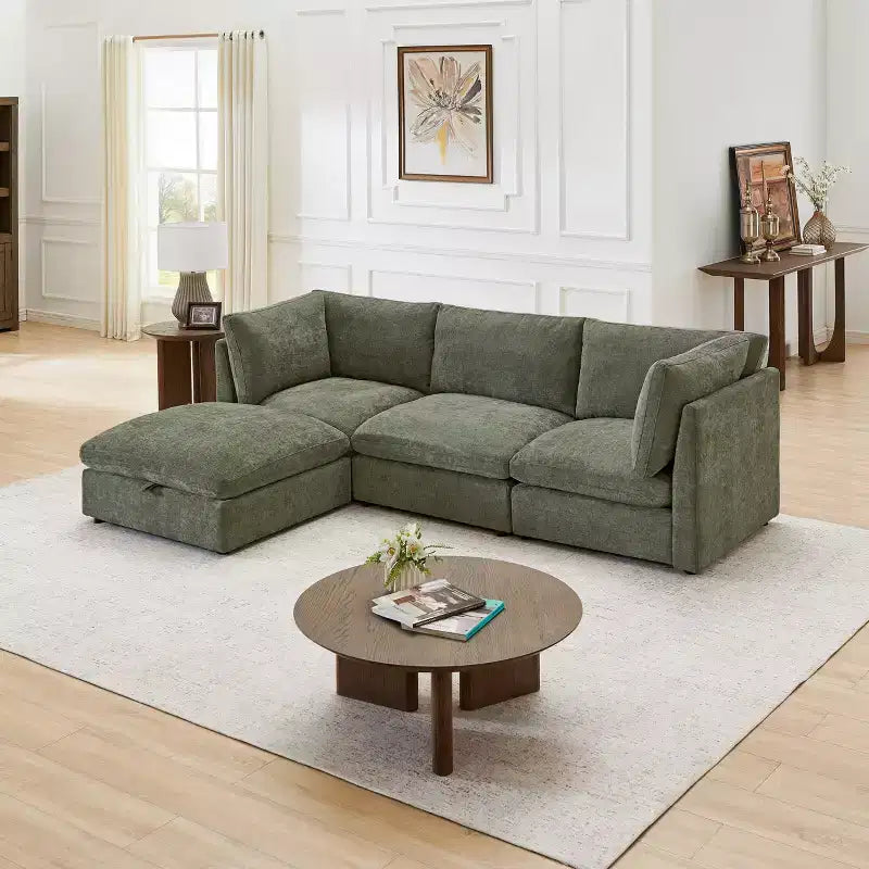 Morden Fort Divano componibile a sezione modulare da 355 cm con pouf contenitore, divano a nuvola a forma di U con seduta profonda da 56 cm, divano sezionale moderno in ciniglia per soggiorno
