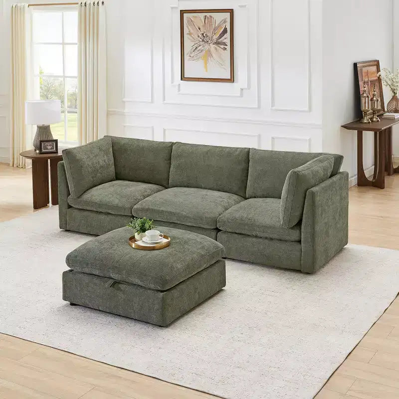 Morden Fort Divano componibile a sezione modulare da 355 cm con pouf contenitore, divano a nuvola a forma di U con seduta profonda da 56 cm, divano sezionale moderno in ciniglia per soggiorno