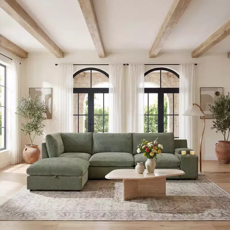 Morden Fort Divano componibile a sezione modulare da 355 cm con pouf contenitore, divano a nuvola a forma di U con seduta profonda da 56 cm, divano sezionale moderno in ciniglia per soggiorno