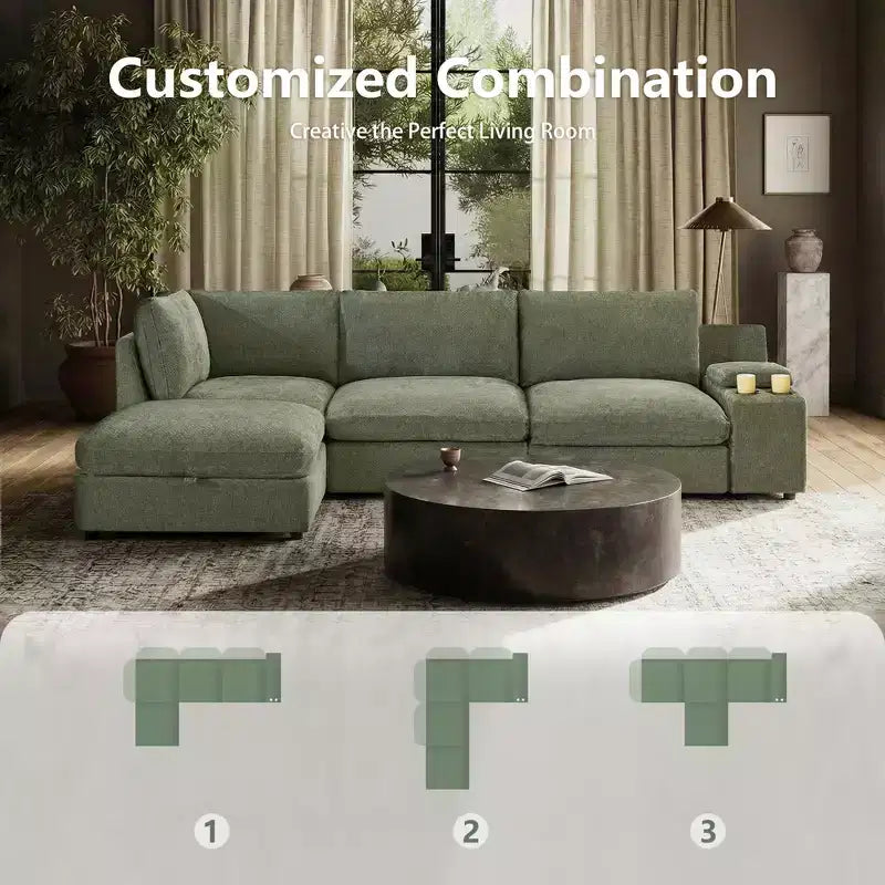 Morden Fort Divano componibile a sezione modulare da 355 cm con pouf contenitore, divano a nuvola a forma di U con seduta profonda da 56 cm, divano sezionale moderno in ciniglia per soggiorno