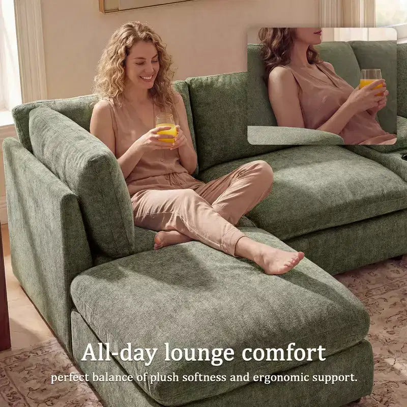 Morden Fort Divano componibile a sezione modulare da 355 cm con pouf contenitore, divano a nuvola a forma di U con seduta profonda da 56 cm, divano sezionale moderno in ciniglia per soggiorno