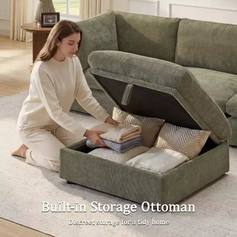 Morden Fort Divano componibile a sezione modulare da 355 cm con pouf contenitore, divano a nuvola a forma di U con seduta profonda da 56 cm, divano sezionale moderno in ciniglia per soggiorno