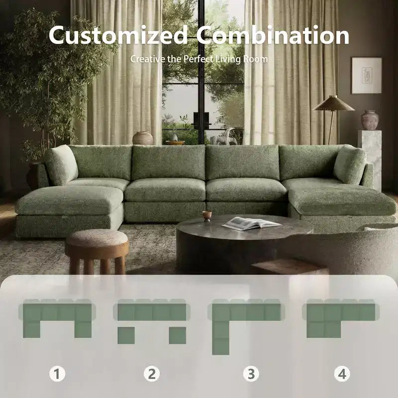 Morden Fort Divano componibile a sezione modulare da 355 cm con pouf contenitore, divano a nuvola a forma di U con seduta profonda da 56 cm, divano sezionale moderno in ciniglia per soggiorno