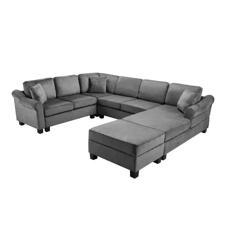 Divano componibile 111.8 a forma di U, divano rivestito in ciniglia con pouf contenitore mobile, grigio scuro
