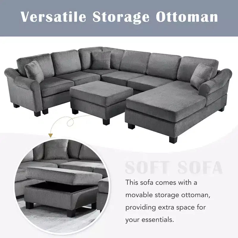Divano componibile 111.8 a forma di U, divano rivestito in ciniglia con pouf contenitore mobile, grigio scuro