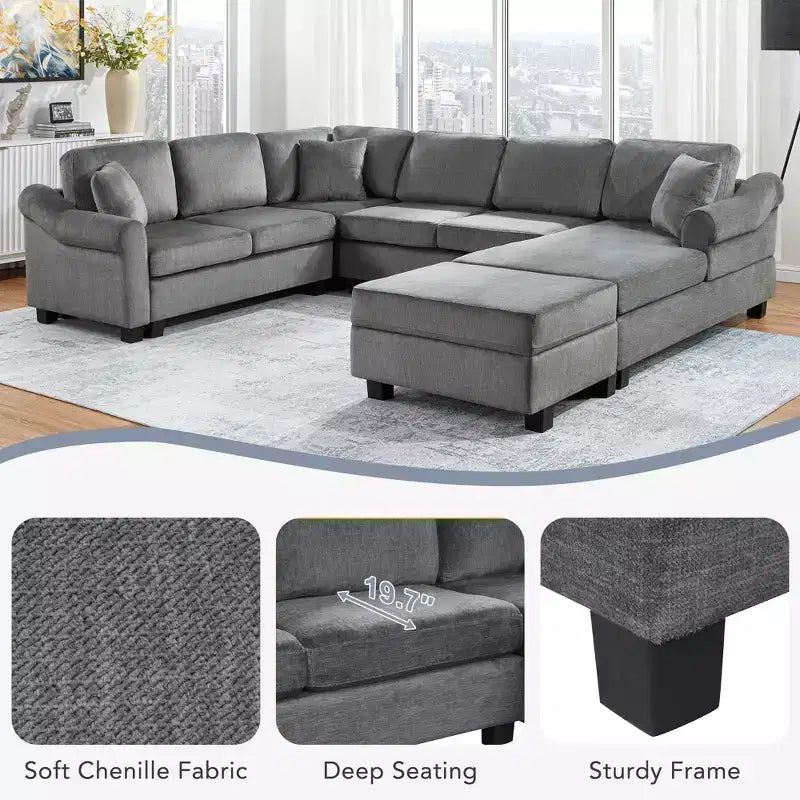 Divano componibile 111.8 a forma di U, divano rivestito in ciniglia con pouf contenitore mobile, grigio scuro