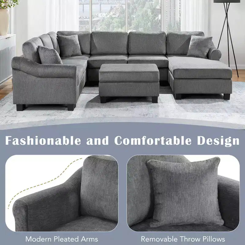 Divano componibile 111.8 a forma di U, divano rivestito in ciniglia con pouf contenitore mobile, grigio scuro
