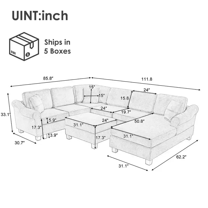 Divano componibile 111.8 a forma di U, divano rivestito in ciniglia con pouf contenitore mobile, grigio scuro