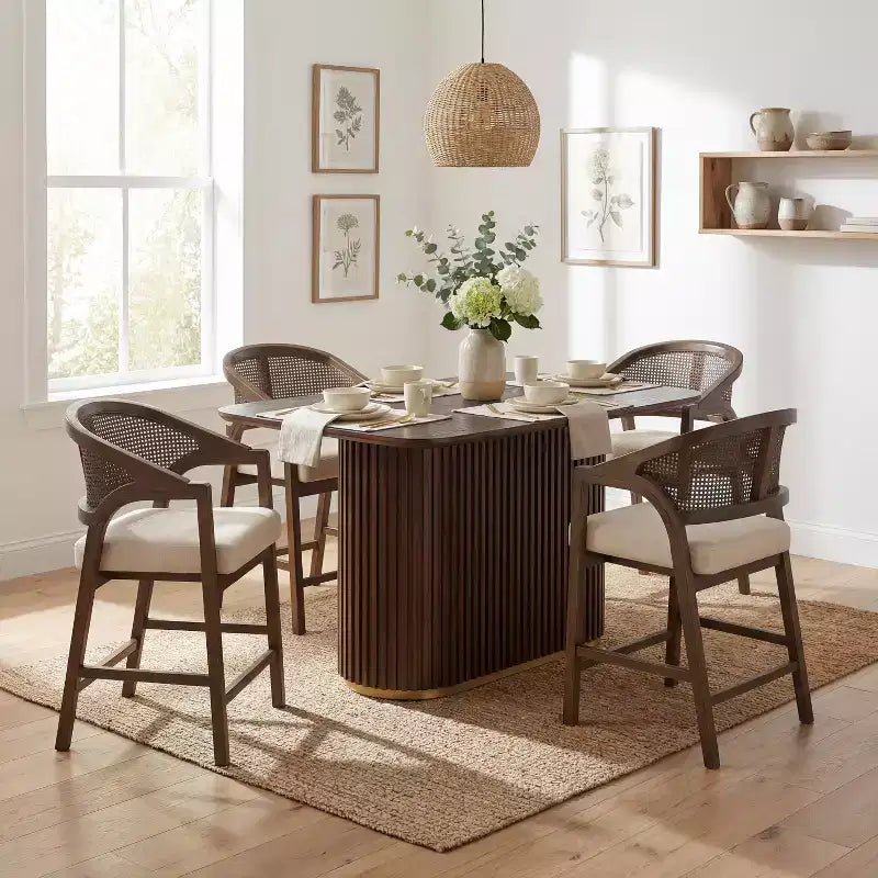 Christopher Knight Home Mirae Mid-Century Modern 5 Piece Rubberwood Rattan Counter Stools with Fluted Counter Table