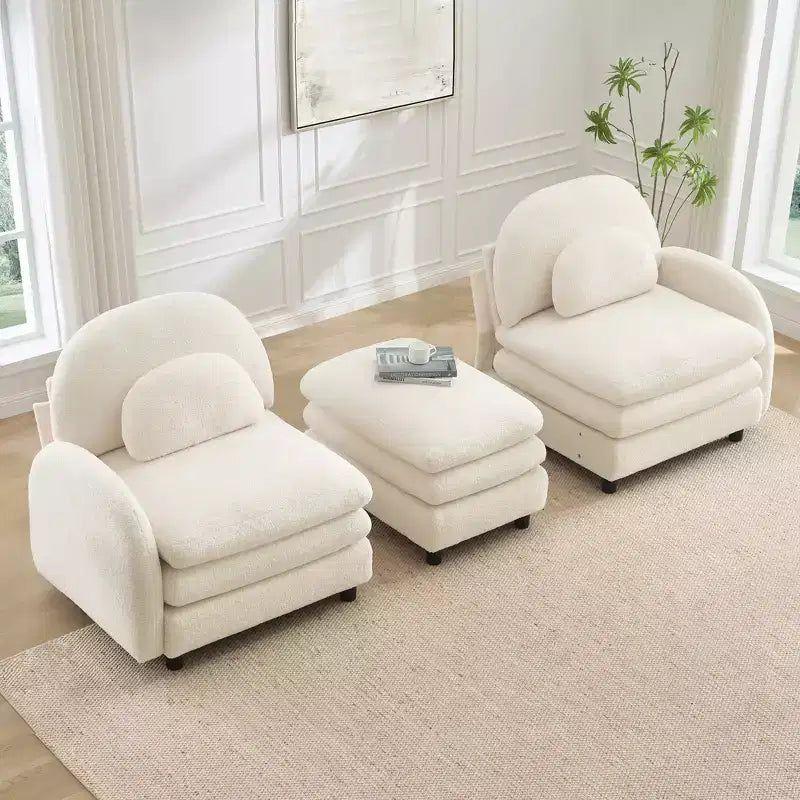 Divano sezionale moderno Steini 117 a 2 posti in tessuto orsetto con cuscini lombari curvi e pouf mobile GDFStudio