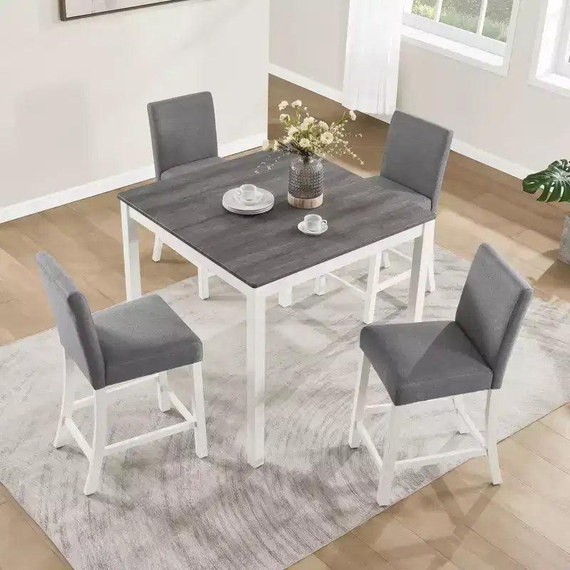 Set da pranzo GDFStudio Roseanne, 5 pezzi, moderno, altezza bancone, in legno di gomma, con 4 sedie rivestite in lino