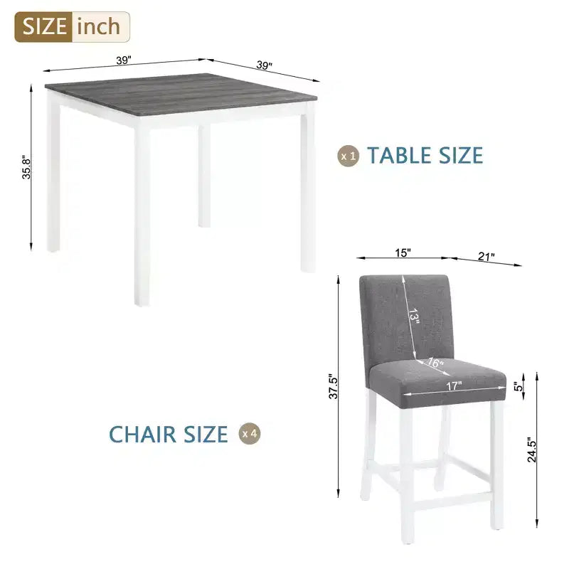 Set da pranzo GDFStudio Roseanne, 5 pezzi, moderno, altezza bancone, in legno di gomma, con 4 sedie rivestite in lino
