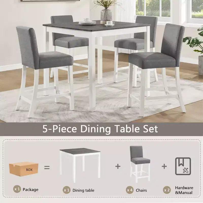 Set da pranzo GDFStudio Roseanne, 5 pezzi, moderno, altezza bancone, in legno di gomma, con 4 sedie rivestite in lino