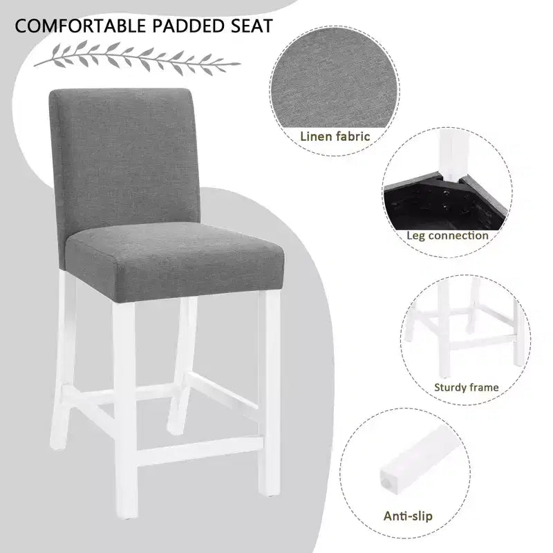 Set da pranzo GDFStudio Roseanne, 5 pezzi, moderno, altezza bancone, in legno di gomma, con 4 sedie rivestite in lino